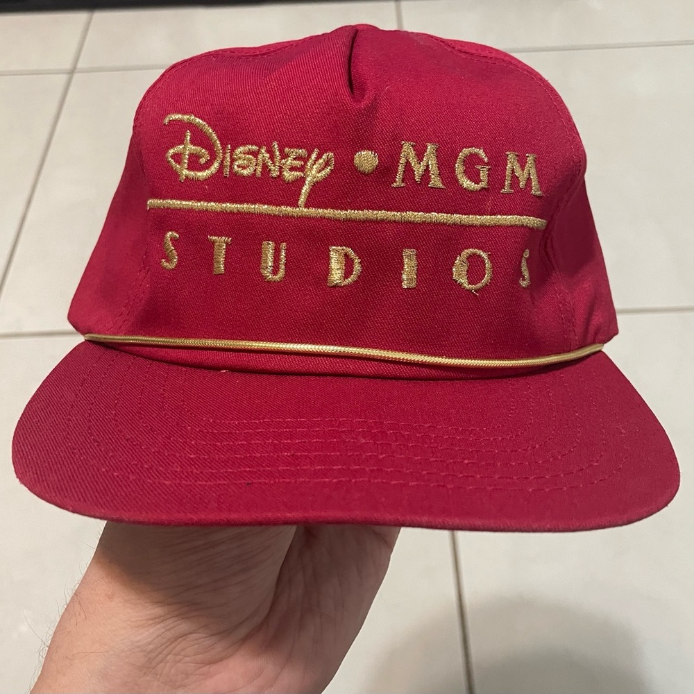 VTG DISNEY MGM STUDIOS GOLD EMBROIDERED TRUCKER HAT MAROON USA MADE RED RARE